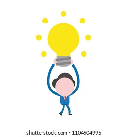 Vector illustration businessman character walking and holding up glowing light bulb idea.