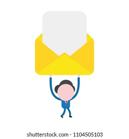Vector illustration businessman character walking and holding up open mail envelope with blank paper.
