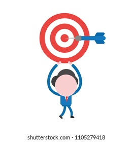 Vector illustration businessman character walking and holding up bulls eye with dart in the center.