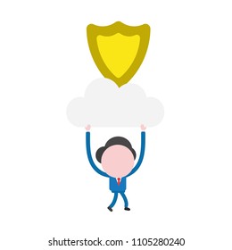 Vector illustration businessman character walking and holding up guard shield on cloud.
