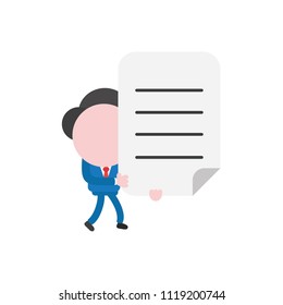 Vector illustration businessman character walking and holding written paper.