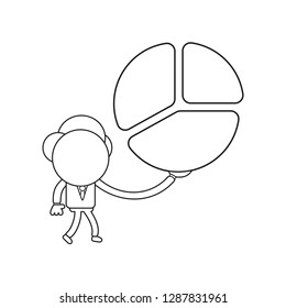 Vector illustration businessman character walking and holding three pieces diagram pie. Black outline.