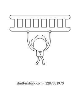 Vector illustration businessman character walking and carrying wooden ladder. Black outline.