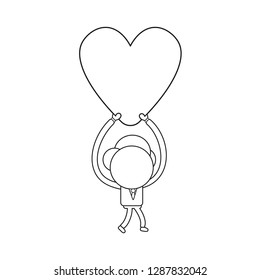Vector illustration businessman character walking and holding up heart icon. Black outline.