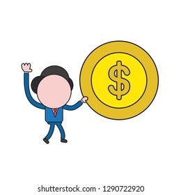 Vector illustration businessman character walking and holding dollar money coin. Color and black outlines.