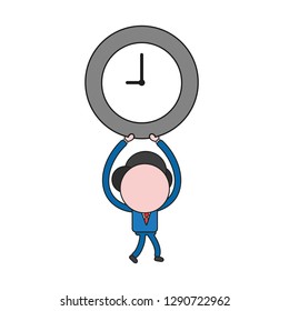 Vector illustration businessman character walking and holding up clock time icon. Color and black outlines.