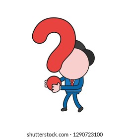 Vector illustration businessman character walking and holding question mark. Color and black outlines.