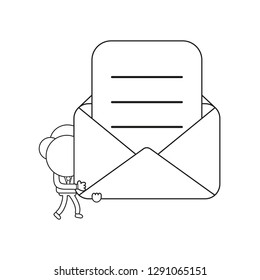 Vector illustration businessman character walking and holding open mail envelope with written paper. Black outline.
