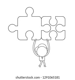 Vector illustration businessman character walking and holding up connected two jigsaw puzzle pieces. Black outline.