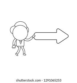 Vector illustration businessman character walking and holding arrow pointing right. Black outline.