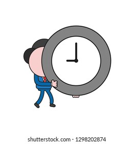 Vector illustration businessman character walking and holding clock time. Color and black outlines.