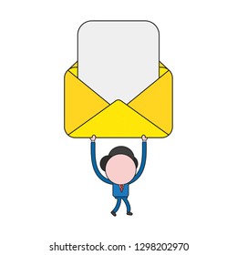 Vector illustration businessman character walking and holding up open mail envelope with blank paper. Color and black outlines.