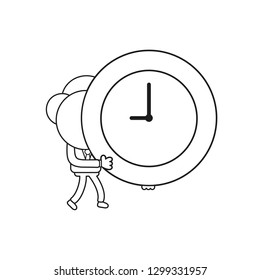 Vector illustration businessman character walking and holding clock time. Black outline.