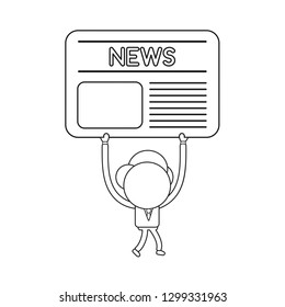 Vector illustration businessman character walking and holding up newspaper. Black outline.