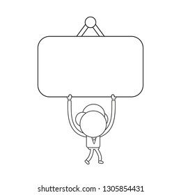 Vector illustration businessman character walking and holding up blank black hanging sign. Black outline.