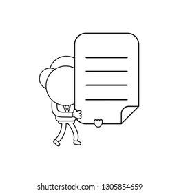 Vector illustration businessman character walking and holding written paper. Black outline.