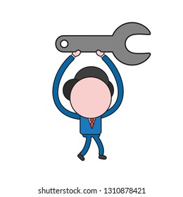 Vector illustration businessman character walking and carrying spanner. Color and black outlines.