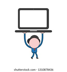 Vector illustration businessman character walking and holding up laptop computer. Color and black outlines.