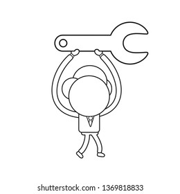 Vector illustration businessman character walking and carrying spanner. Black outline.