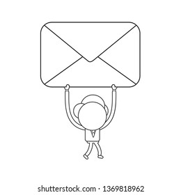 Vector illustration businessman character walking and holding up closed mail envelope. Black outline.