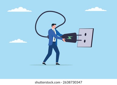 Vector illustration of a businessman charging himself, symbolizing the importance of renewing personal energy, relieving stress, and mental and physical rejuvenation in professional life
