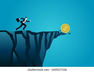 vector illustration of businessman chasing coin to the brink. describe challenge, risk, obstacles, ambition, take a risk and danger. business concept illustration