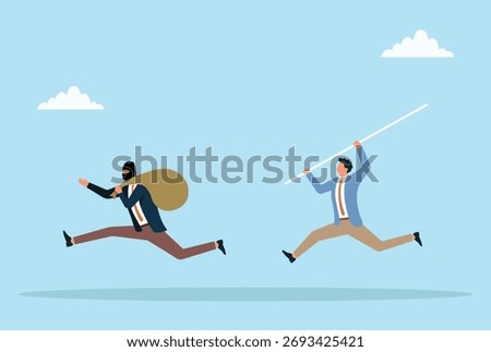 Vector illustration of a businessman chasing a masked thief carrying a money bag, symbolizing fraud prevention, financial crime pursuit, or the fight against corporate theft and corruption
