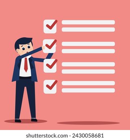 Ilustración vectorial de un hombre de negocios que comprueba su lista de tareas pendientes, que representa las tareas completadas