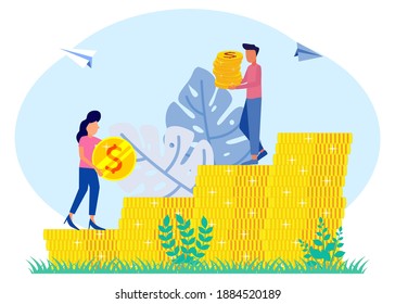Vector illustration of businessman climbing coin chart, investment management, money growth and profit chart, career growth towards success, flat color icon, business analysis.