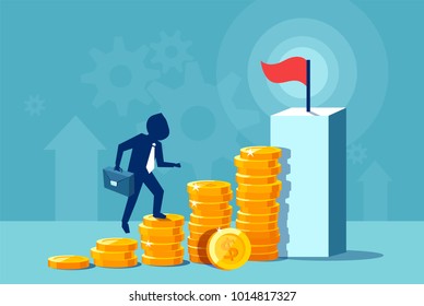 Vector illustration of businessman climbing golden coins achieving top of goal. 