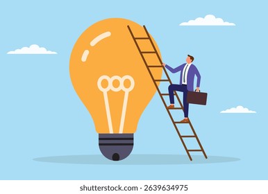 Vector illustration of a businessman climbing a huge light bulb using a ladder, symbolizing the pursuit of ideas, innovation, and the climb toward success and creative achievement
