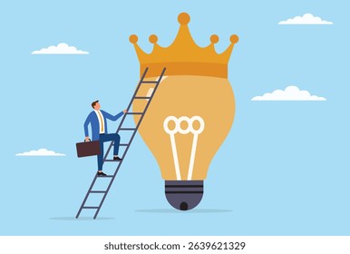 Vector illustration of a businessman climbing the ladder toward a crown, symbolizing ambition, leadership, and the pursuit of ultimate success and achievement
