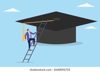 Vector illustration of a businessman climbing a ladder onto a graduation cap, representing career growth, educational achievement, ambition, and the journey to success
