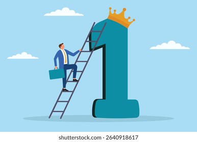 Vector illustration of a businessman climbing a ladder toward a 1st place award and crown, symbolizing ambition, hard work, progress, and the pursuit of success and leadership

