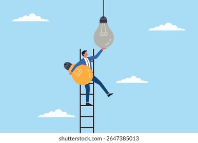 Vector illustration of a businessman climbing a ladder to replace a dim light bulb with a bright one, symbolizing innovation, progress, and the power of fresh ideas in business
