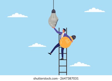 Ilustração vetorial de um homem de negócios subindo uma escada para substituir uma lâmpada elétrica quebrada e sem brilho por uma brilhante, simbolizando renovação, inovação e novas ideias nos negócios
