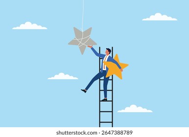 Ilustração vetorial de um homem de negócios subindo uma escada para substituir uma estrela sem brilho por uma brilhante, simbolizando a busca da excelência, reconhecimento e melhoria contínua
