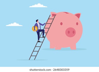 Ilustração vetorial de um homem de negócios subindo uma escada para um mealheiro, simbolizando o crescimento financeiro, esforços de poupança, objetivos de investimento e a busca do sucesso econômico
