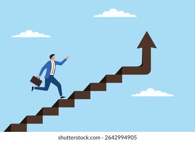 Vector illustration of a businessman climbing up the stairs, representing determination, ambition, and an ongoing journey towards achieving career goals, success, and professional growth
