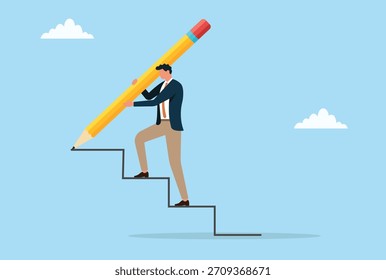 Ilustración vectorial de un hombre de negocios escalando escalones que él mismo dibuja, representando el crecimiento personal, la ambición y la construcción de progreso a través del esfuerzo y la visión

