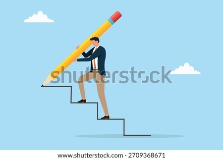 Vector illustration of a businessman climbing steps he draws himself, representing personal growth, ambition, and building progress through effort and vision

