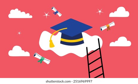 Vector illustration of a businessman climbing up towards a high graduation cap resting on a cloud, symbolizing the challenge of affording expensive school or university fees. This design represents th
