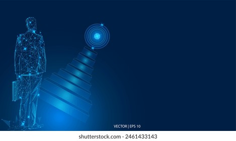 Vector illustration.  A businessman climbs a ladder to chase a target. The path to the target's achievement, moving up the motivation ladder, financial goals. Abstract business low poly background. 