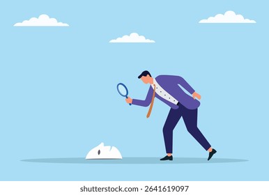Vector illustration of a businessman closely inspecting a scam mask with a magnifying glass, symbolizing due diligence, fraud detection, and uncovering hidden deceit in business
