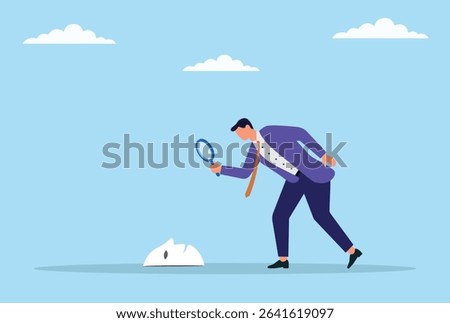 Vector illustration of a businessman closely inspecting a scam mask with a magnifying glass, symbolizing due diligence, fraud detection, and uncovering hidden deceit in business
