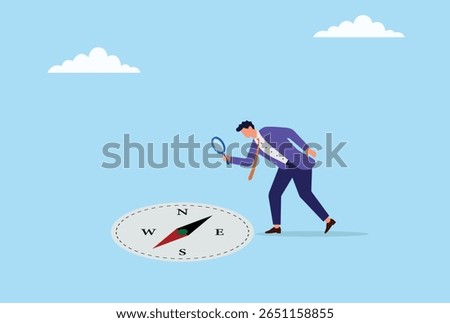 Vector illustration of a businessman closely observing a compass with a magnifying glass, symbolizing detailed examination, strategic direction, and focused business navigation
