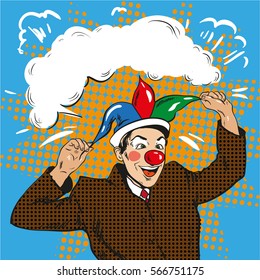 Vector illustration of businessman clown in jester hat in retro pop art comic style. Crazy man making people laugh, in frame. Speech bubble.