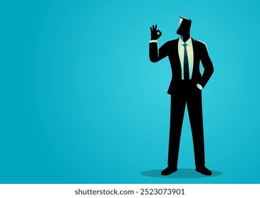 Ilustración vectorial de un hombre de negocios posando con confianza y haciendo gestos de un signo de aprobación con la mano. Ideal para negocios, marketing y materiales corporativos. Simboliza la Aprobación, el éxito y la confianza