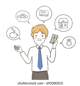 Vector illustration businessman confused from planning his financial and saving money.Doodle cartoon style.