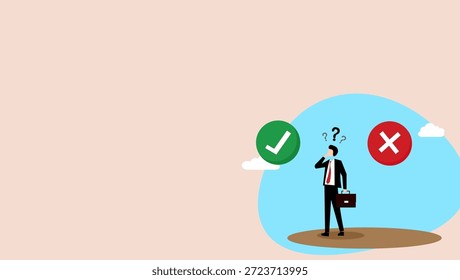 Ilustración vectorial de un empresario confundido a la hora de tomar decisiones o enfrentarse a dilemas éticos, que representan incertidumbre, conflictividad moral, y desafíos en el mundo profesional. Adecuado para temas de negocios y ética.